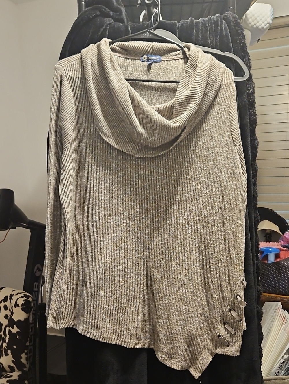 Democracy Taupe Ribbed Cowl Neck Sweater with Side Lace-Up